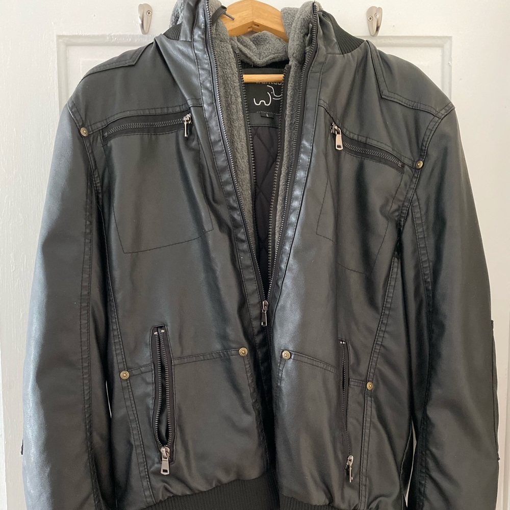 Detachable Hood Faux Leather Jacket